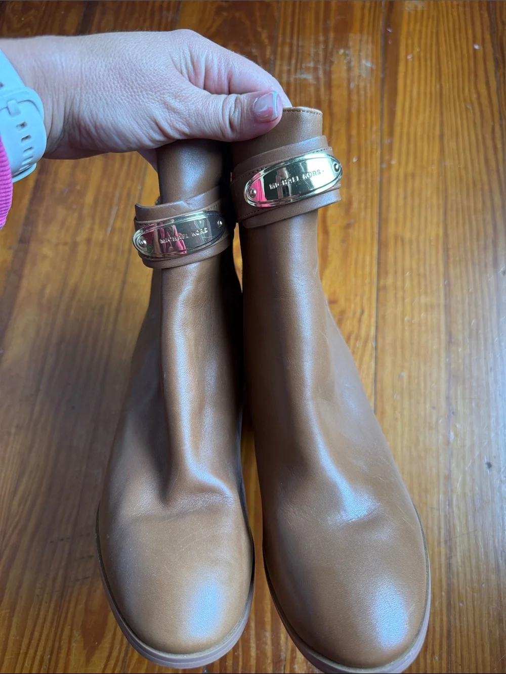 Michael Kors Women’s Tan Leather Ankle Boots with Block Heel